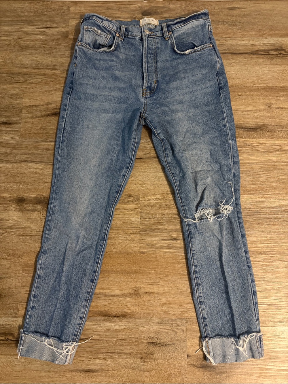 Free People Light Blue Straight-Leg Distressed Jeans